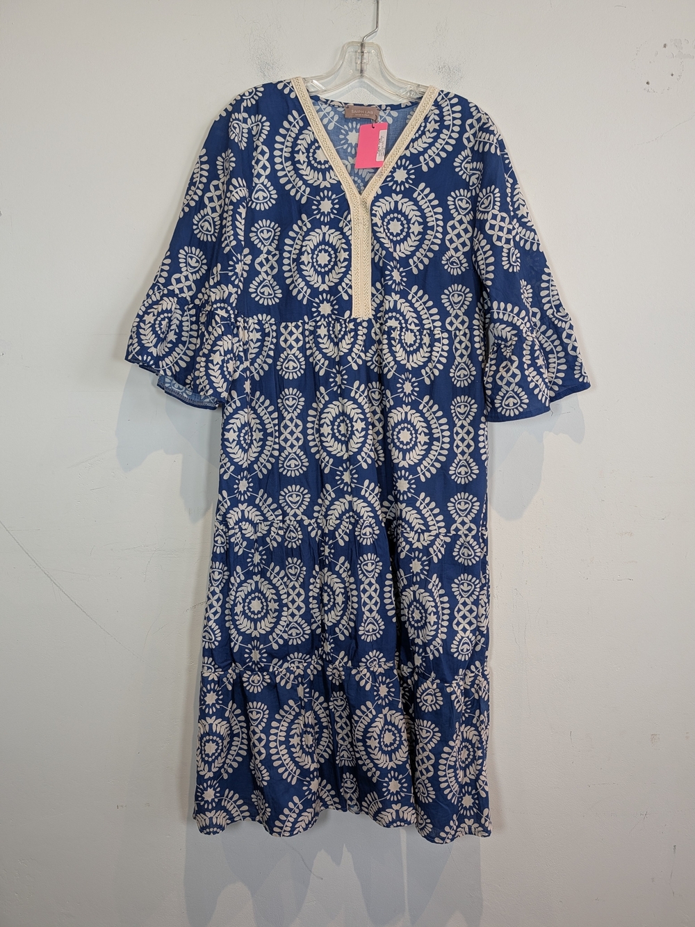 Saiph Lab Blue and White Printed V-Neck Maxi Dress, Free Size